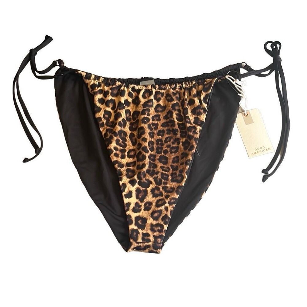 Good American 7‎ 4X Tanga Bikini Bottom Leopard Hi Cut Reversible Adjustable NWT